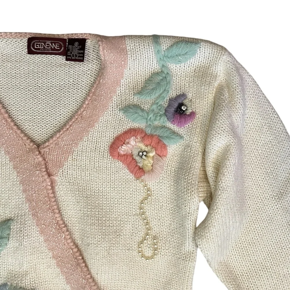 🚫SOLD🚫 Vintage 80s Ginenne Knit Embroidered Floral Coquette Sweater - Picture 4 of 8